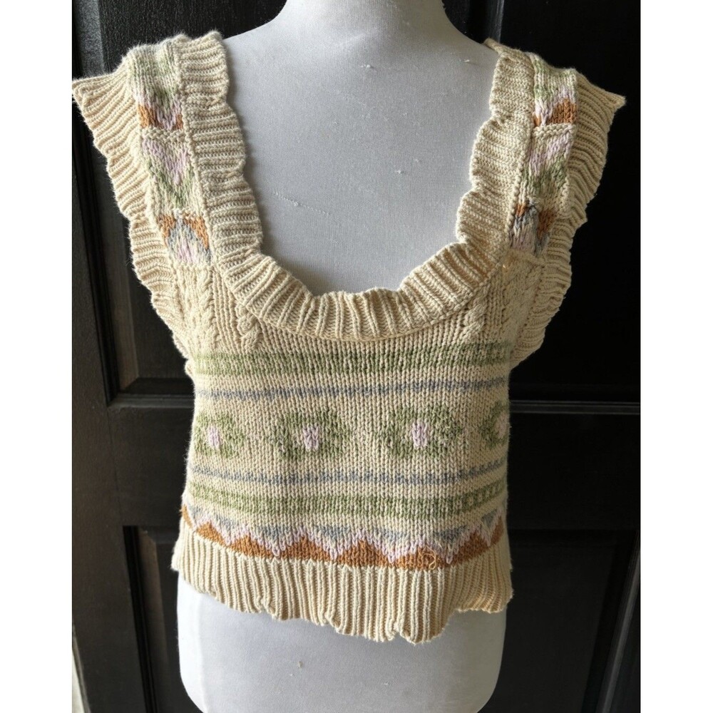 Anthropologie Scalloped Crop Sleeveless Fairisle Cotton Sweater Cottagecore M